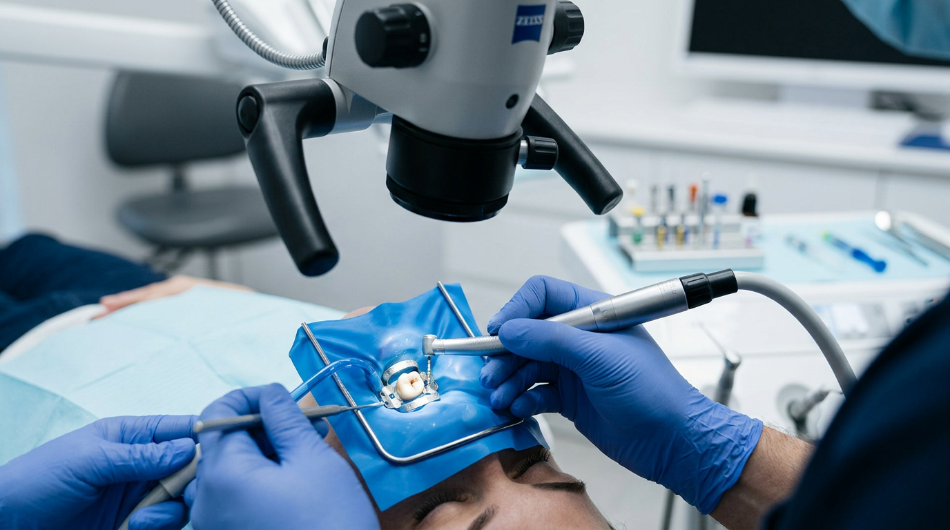 Microscopio y trabajo clínico en tratamiento de conducto