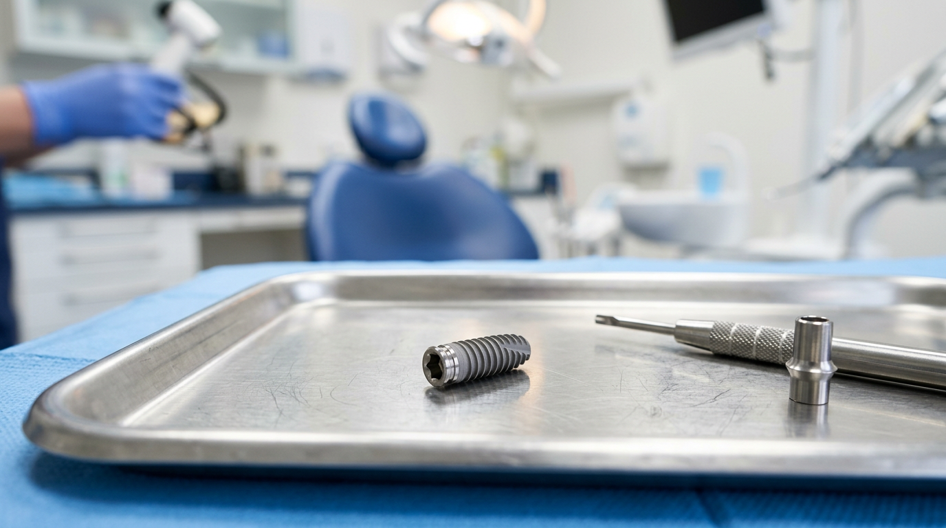 Implante dental en bandeja estéril con componentes protésicos