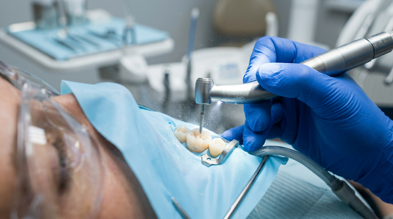 Preparación dental con fresas y aislamiento relativo